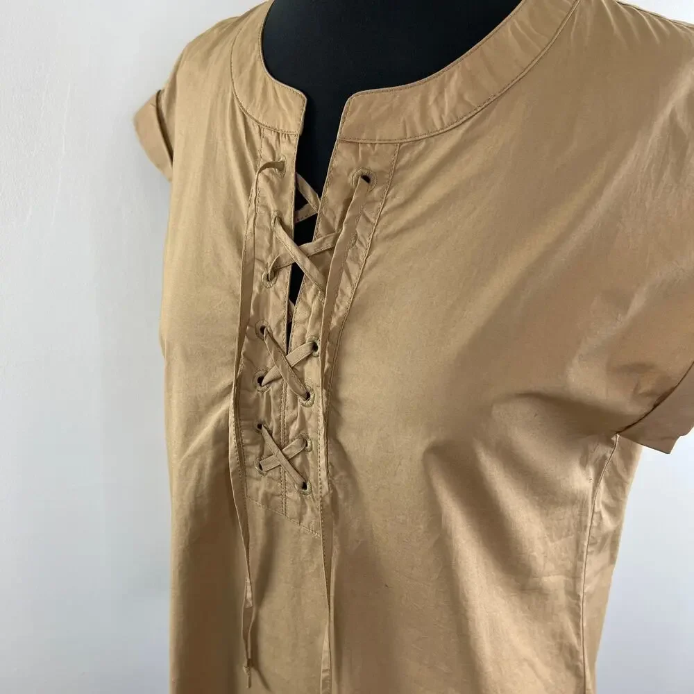 J.CREW Lace Up Popover Short Sleeve Top Brown Tan 100% Cotton Style G3922 Size 4